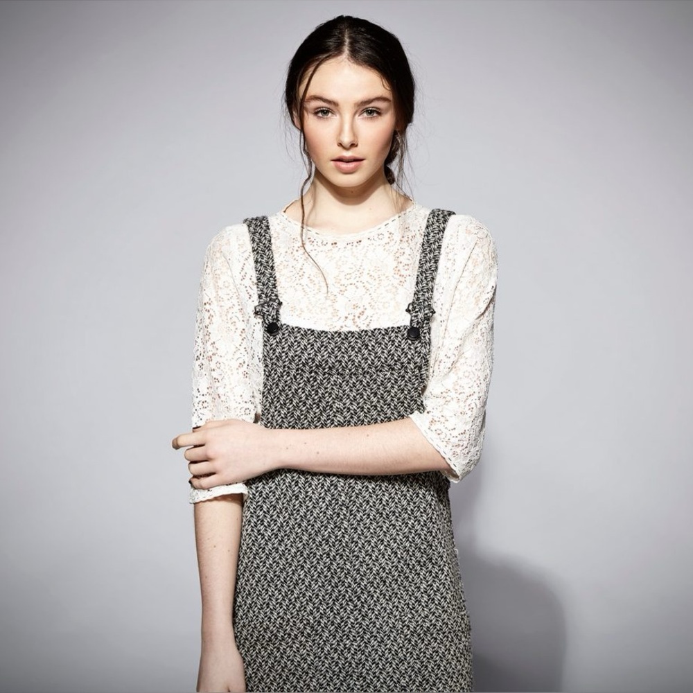 Mango Women’s Casual Tweed Overall Adjustable Mini Dress Black & White Sz Medium